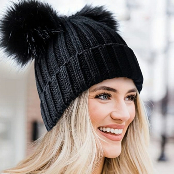 Winter Fur Beanie Sherpa Lined Soft Warm Lux Beanie Single Pom Pom Studded Knit - Picture 1 of 17